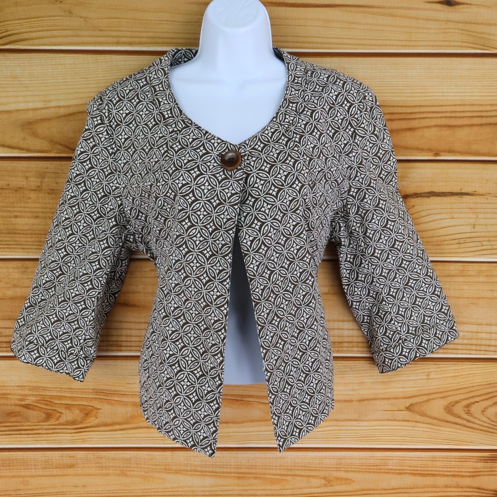 Talbots Blazer Jacket Stretch Womens 18‎ Brown Floral Cotton Pockets 3/4 Sleeves